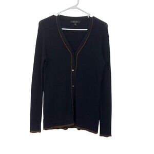 Witty Fox Womens Ribbed Black Cardigan Sweater Copper Brown Trim Size Large